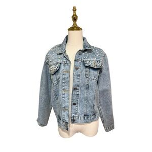 Pearl Studded Denim Jacket Light Wash Jean Jacket Medium